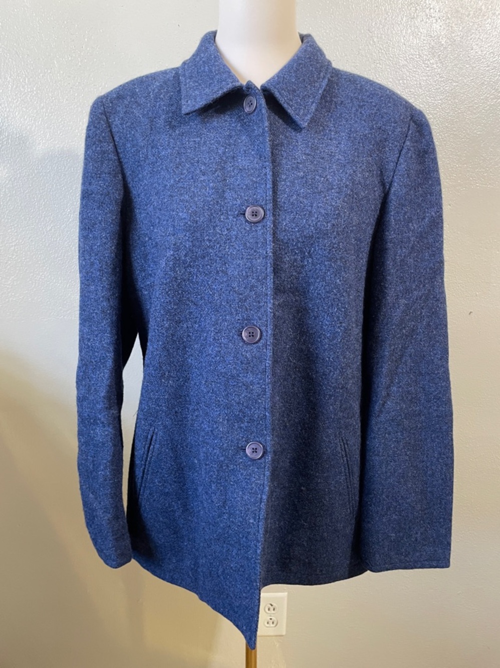 Lands End Wool Heathered Blue Jacket Sz 14 Button Tailored Classic Coat EUC